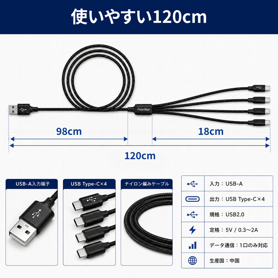 PolariSign USB-A to USB-C 4分岐充電ケーブル 1.2m 1対4 データ転送 4in1 4台同時充電 5V/2A 高耐久ナイロン編み 38灯 MATSUB 複数充電 マルチケーブル