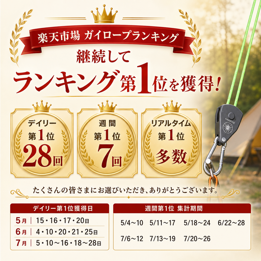 調整式ラチェットロープ　カラビナ付き 4mロープ 設営時短 自在金具 2本/1セット